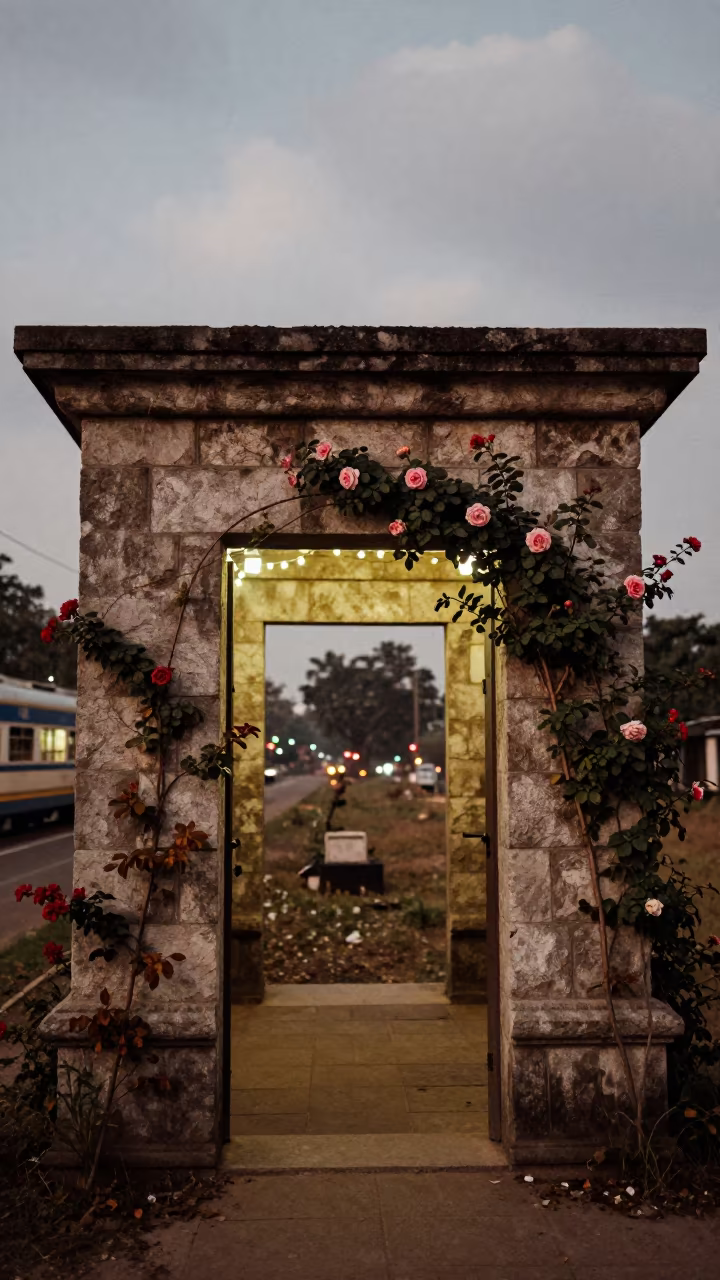 Stone Cottage Doorway Roses Train Terminal Saharsa in inside a restored train terminal in Saharsa