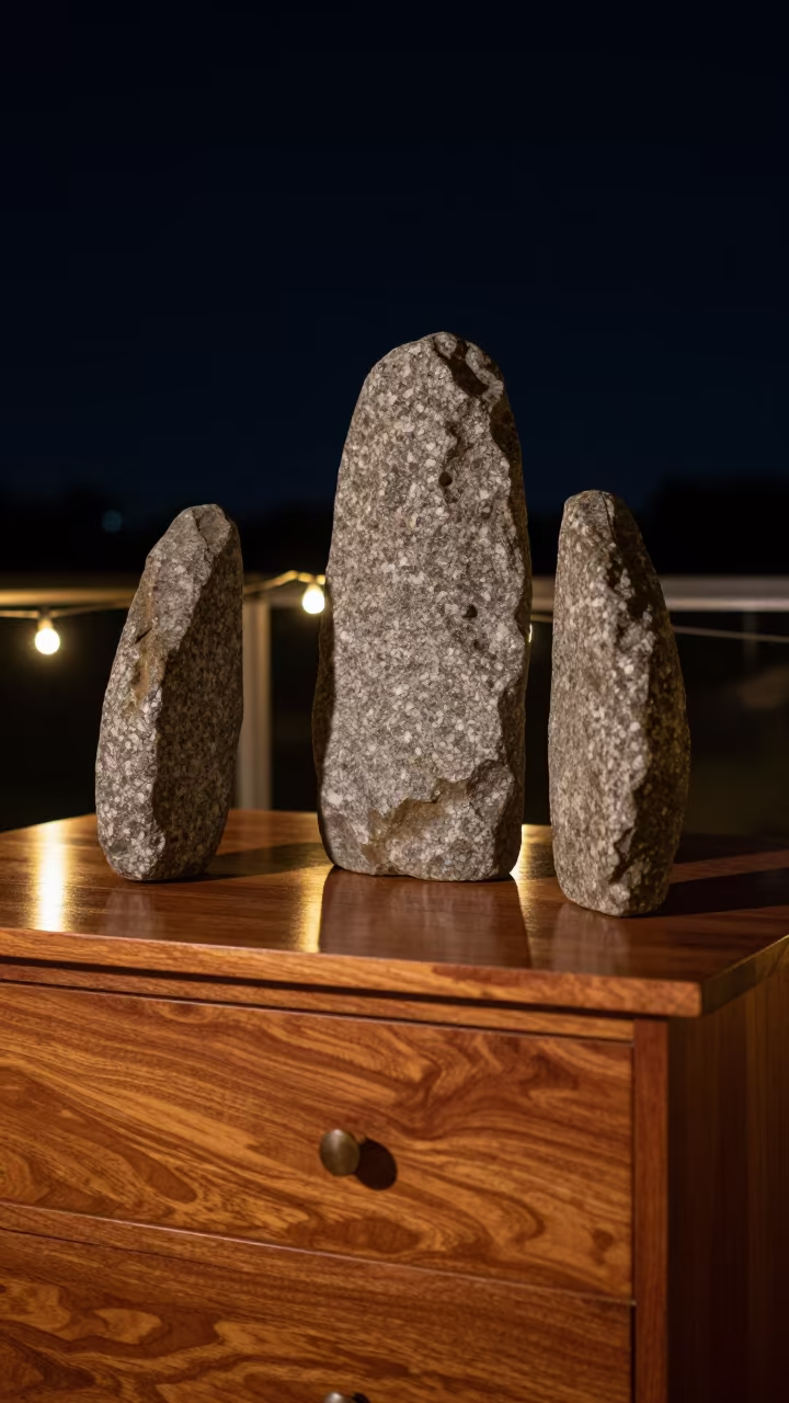 Stone Dolmen on Hotel Dresser Under Night Lights in on a hotel dresser near Puerto La Cruz