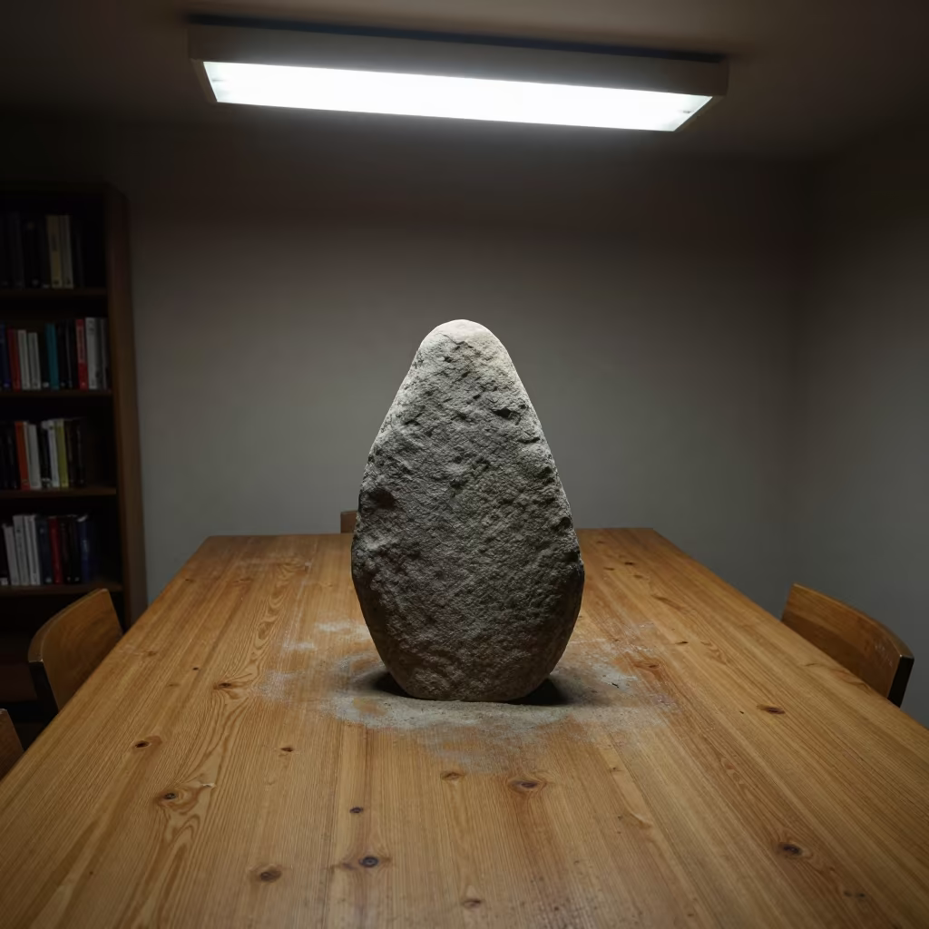 Stone Dolmen on Library Table in Annecy in on a dusty library table in Annecy