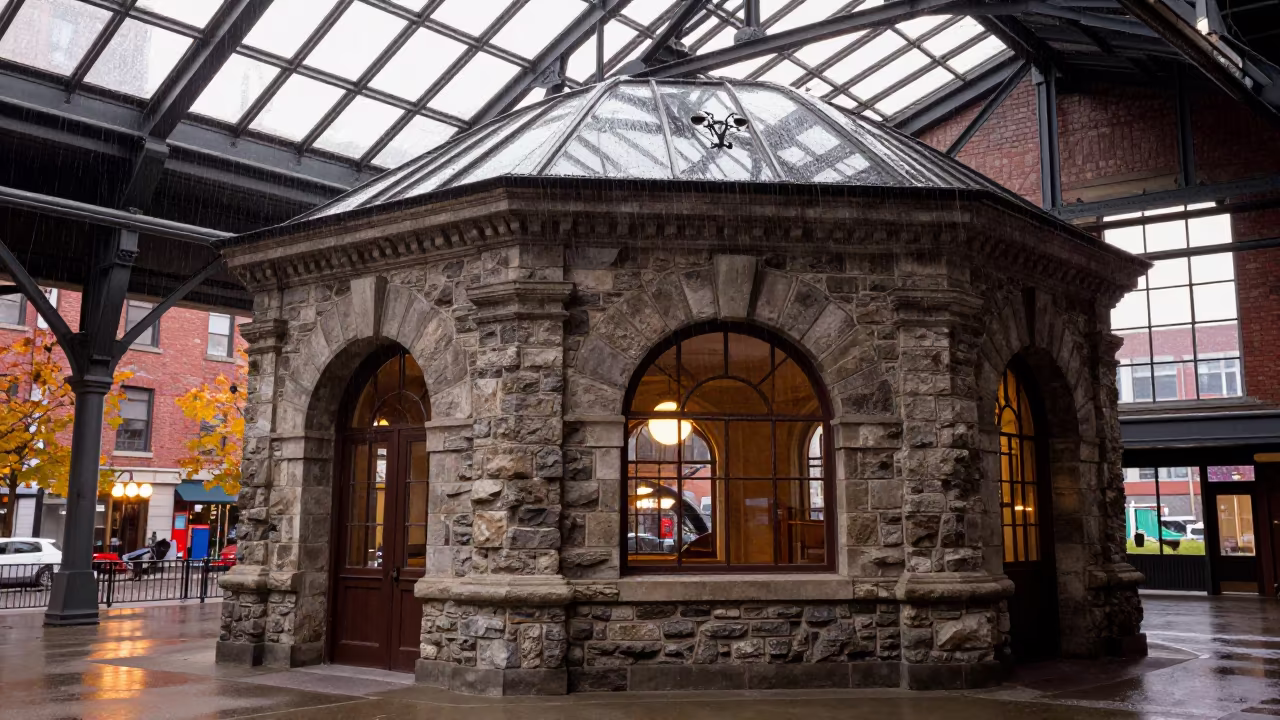 Stone Dovecote Restored in Toronto Terminal in inside a restored train terminal in Distillery District, Toronto