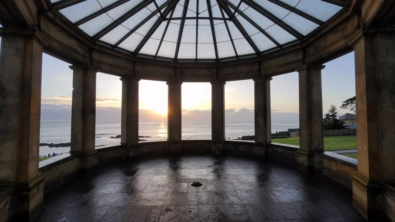 Stone Dovecote Under Glass Hobart Dawn in inside a glass-roofed arcade in Hobart