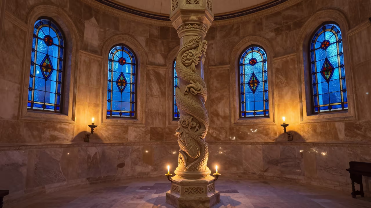 Stone Dragon Pillar in Afyonkarahisar Chapel in in a chapel lit by stained glass in Afyonkarahisar