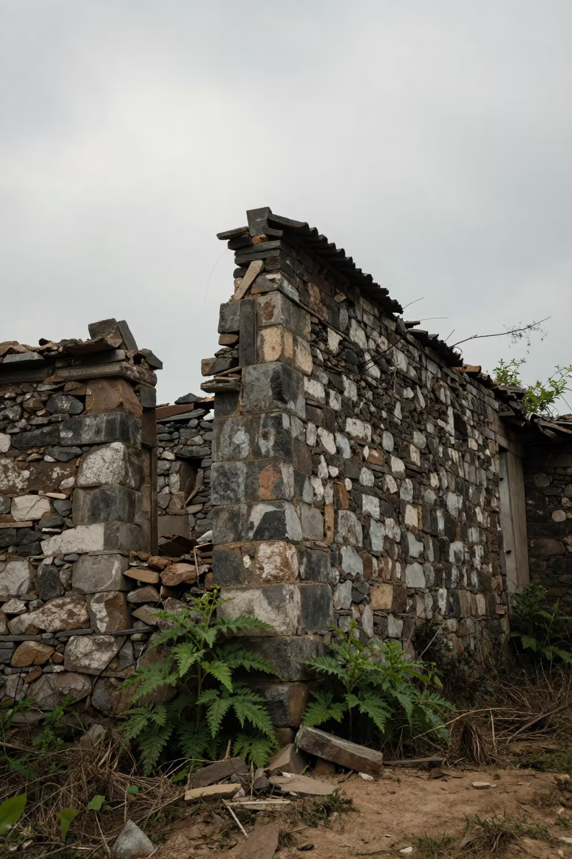 Stone Farmhouse Ruin Amidst Nettles in among toppled columns and nettles in Guizhou