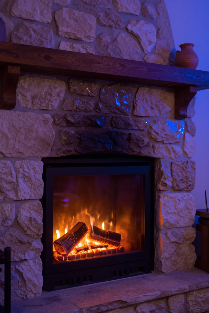Stone Fireplace Embers Reflecting Neon Dusk Ikeja in in a sunlit living room in Ikeja