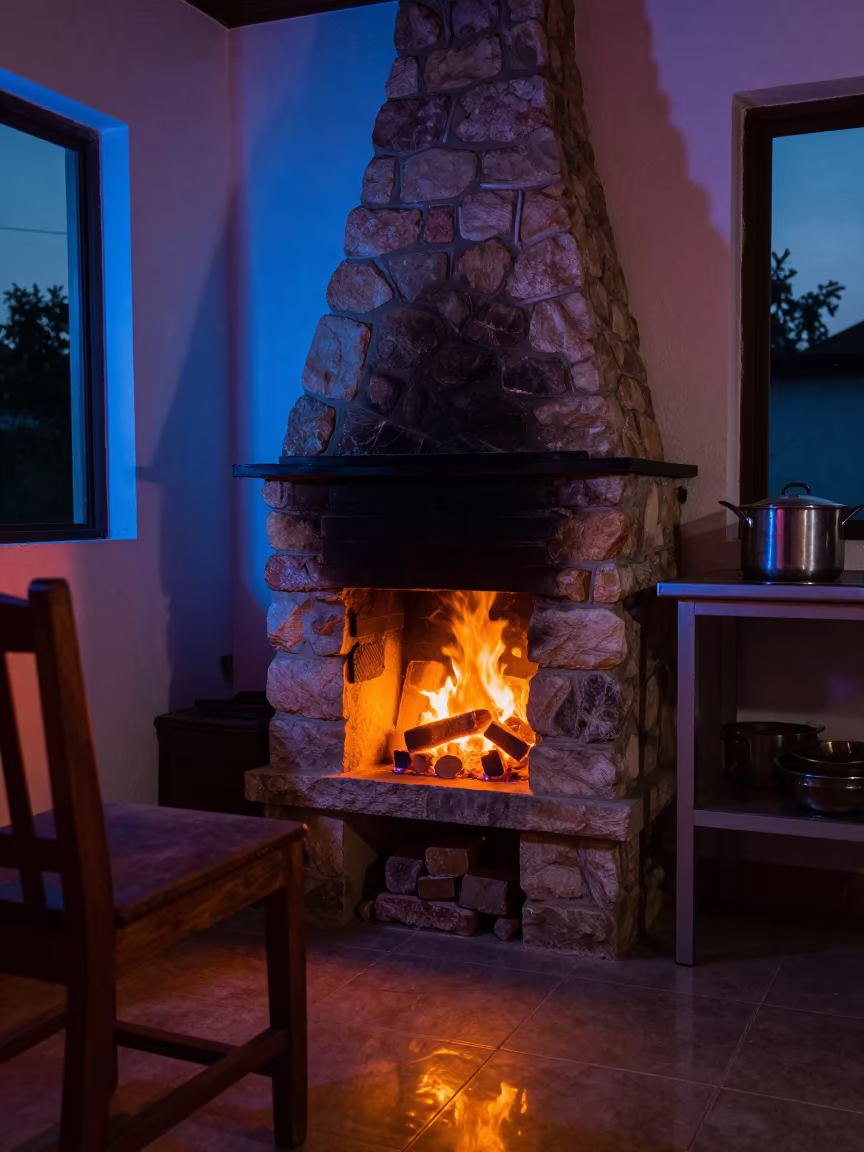 Stone Fireplace Glowing at Twilight in Khulna Kitchen in in a cozy kitchen in Khulna