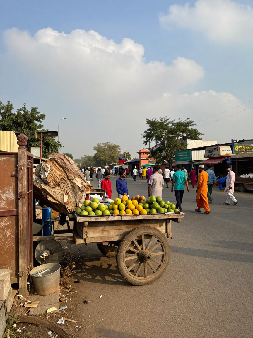 Stone Fruit Cart at Lucknow Market Gate in at a roadside fruit stand in Lucknow