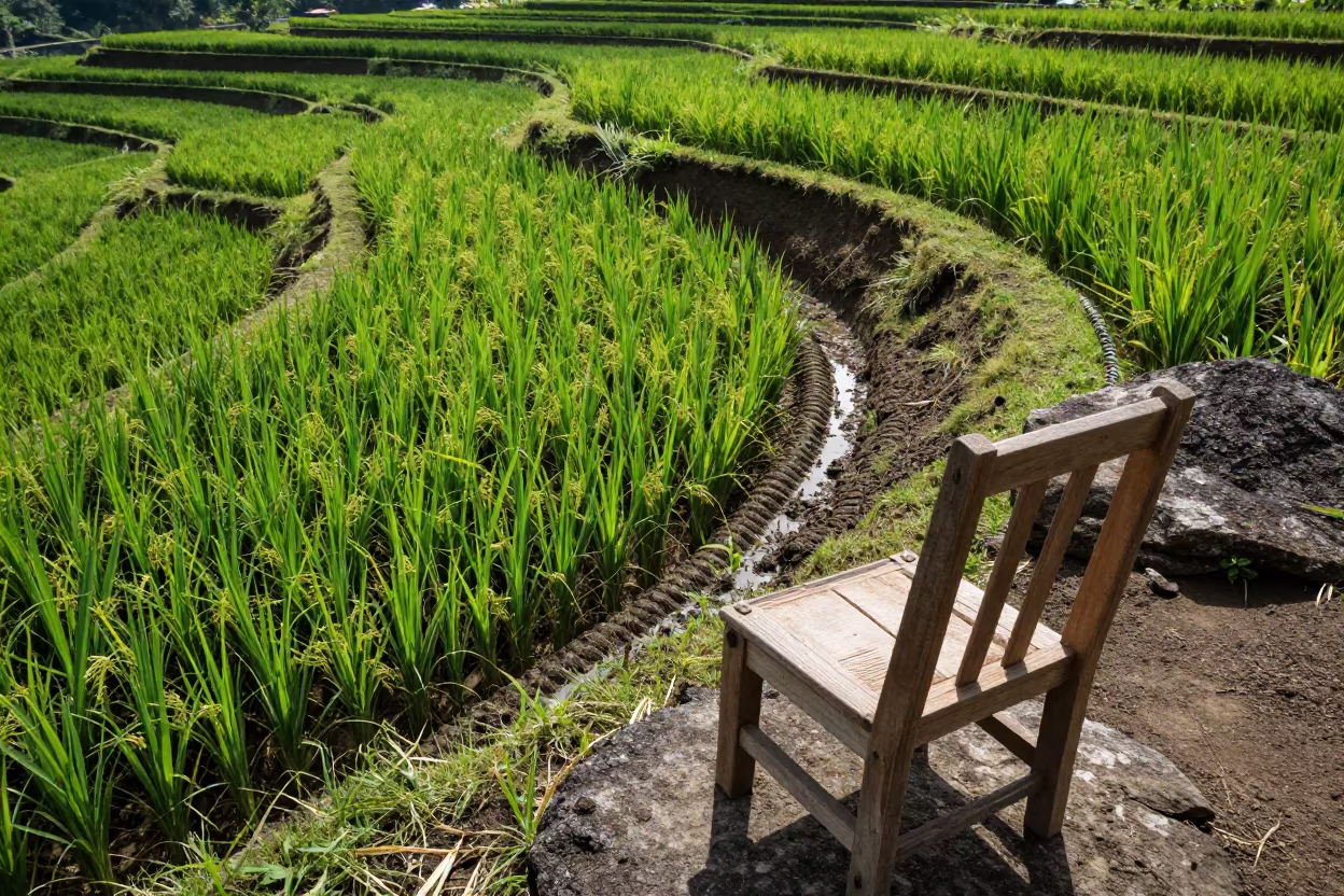 Stone Furniture Rice Terrace After Rain in across a harvested grain field in Indonesia