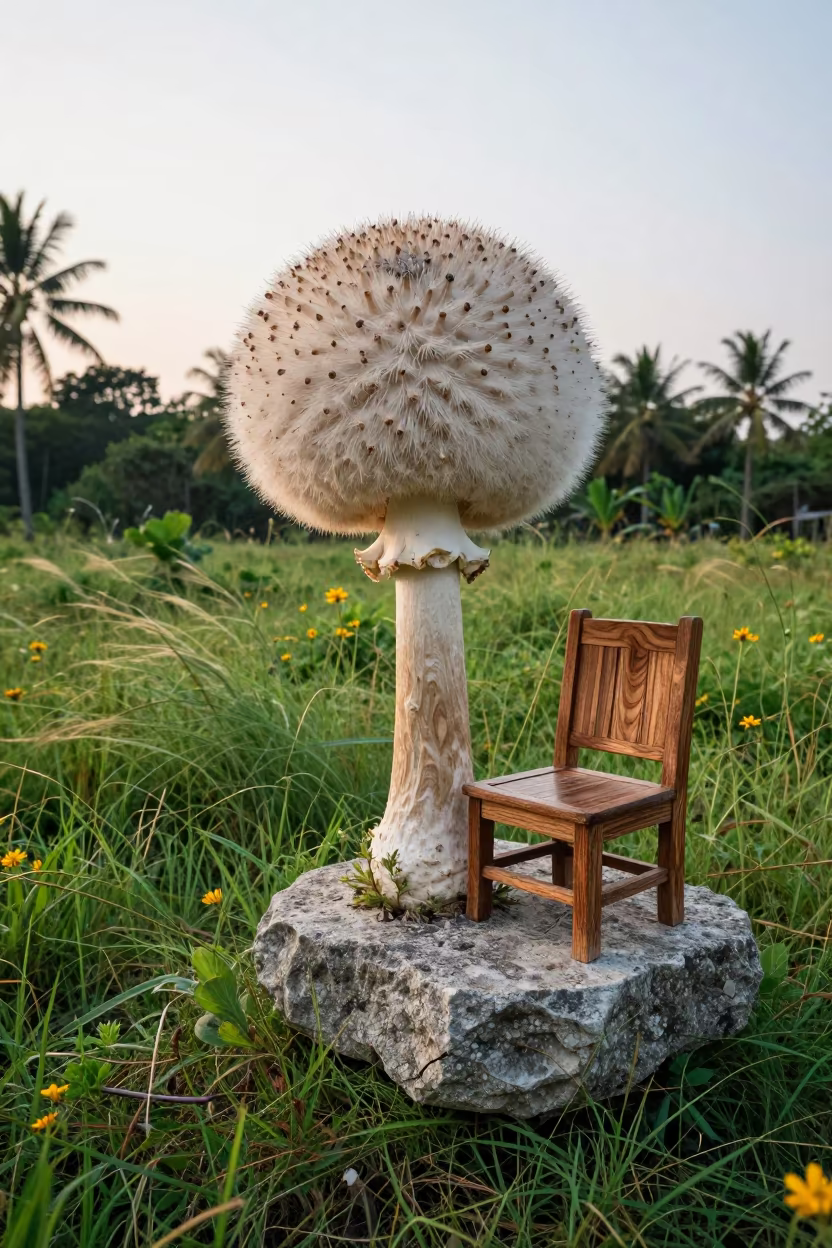 Stone Furniture and Spore Cloud in Thai Meadow in in a bloom-heavy meadow in Thailand