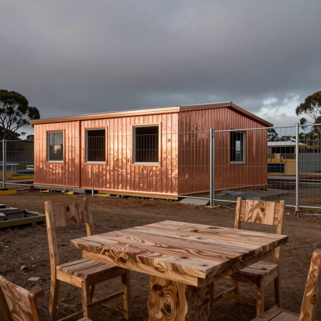 Stone Furniture at Tasmanian Construction Site in beside a framed building shell in Tasmania
