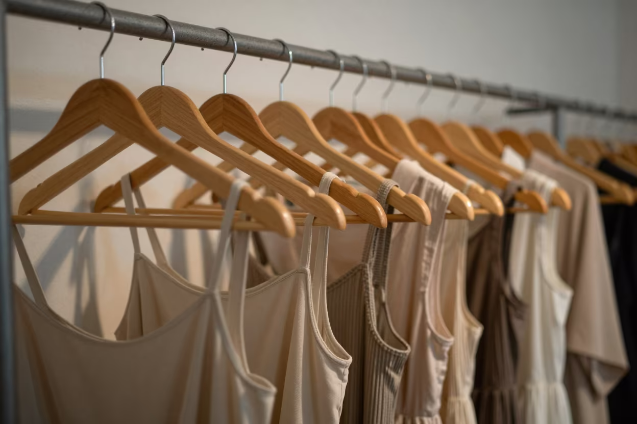 Stone-Grain Dresses in Dawn Candlelight in inside a minimalist showroom near Medina