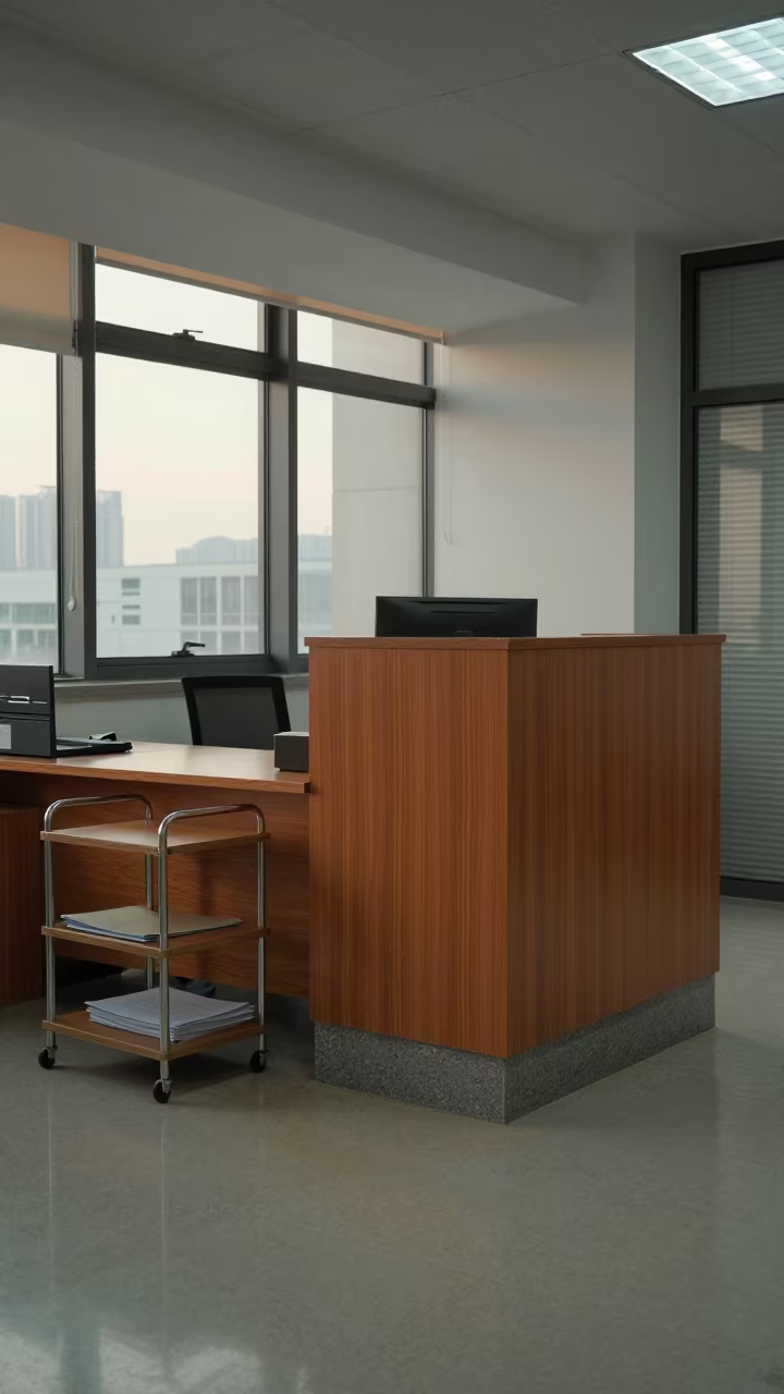 Stone-Grain Office Desk at Dawn Near Shenzhen in at an office reception desk near Shenzhen