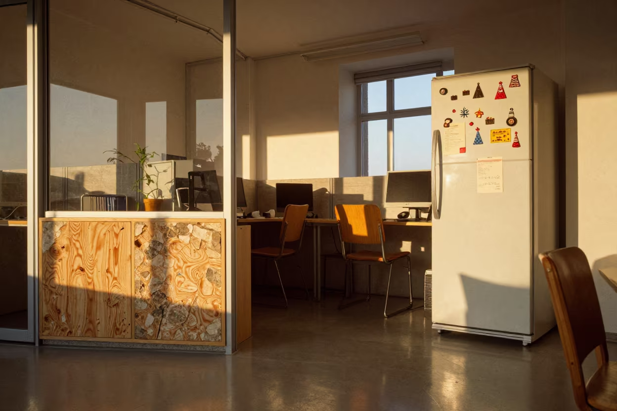 Stone-Grained Fridge in Prague Office Break Room in inside an open-plan office bay near Novy Svet, Prague