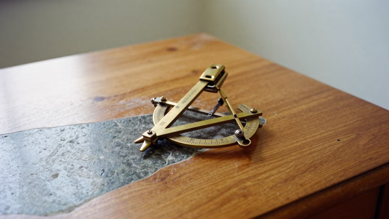Stone-Grained Sextant on Haikou Library Table in on a dusty library table in Haikou