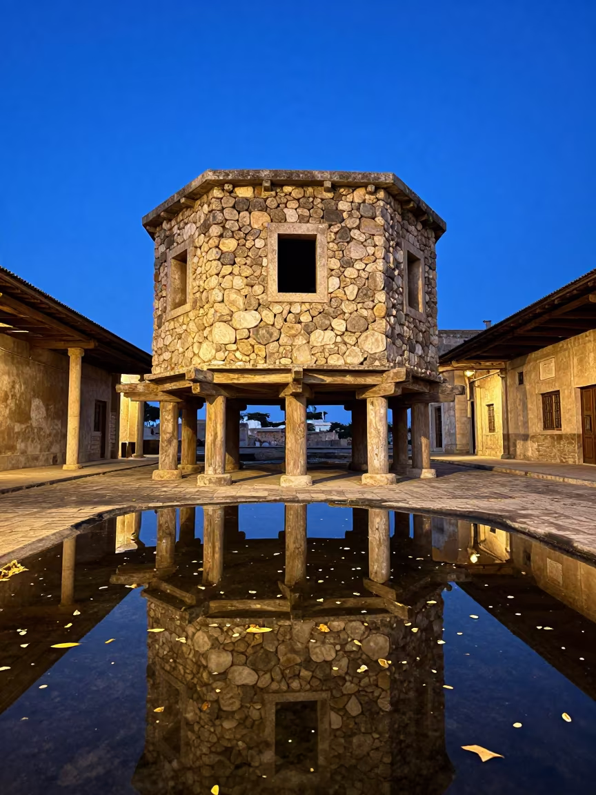 Stone Granary on Stilts in Tobruk Train Terminal in inside a restored train terminal in Tobruk