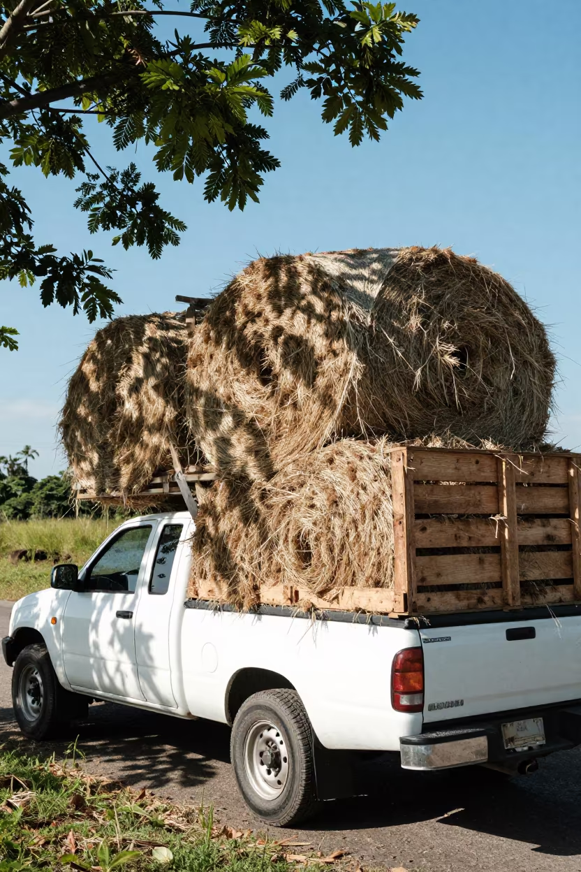 Stone Hay Truck Costa Rica Harvest in beside stacked hay bales in Costa Rica
