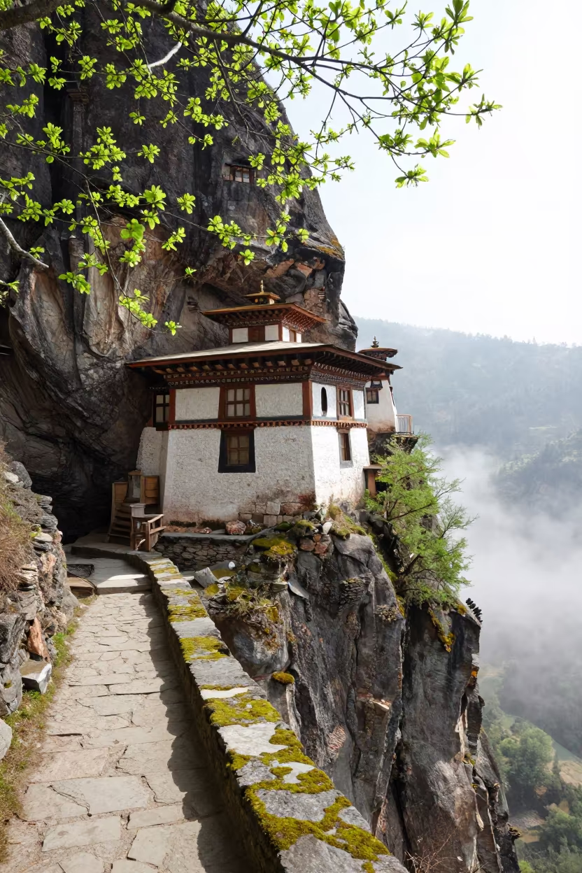 Stone Hermitage Amidst Spring Mist and Leaves in near Thimphu