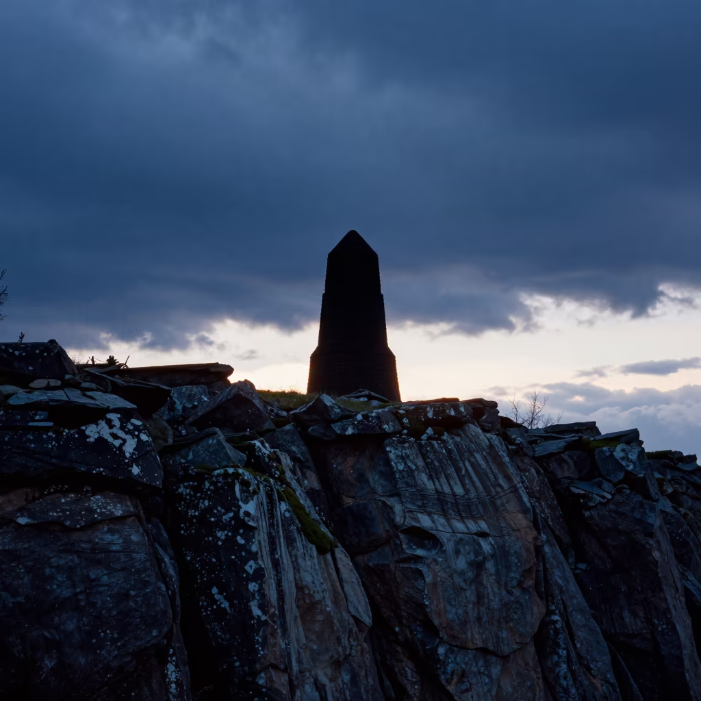 Silhouette of Stone Hermitage on Canadian Cliff at Twilight in in Canada