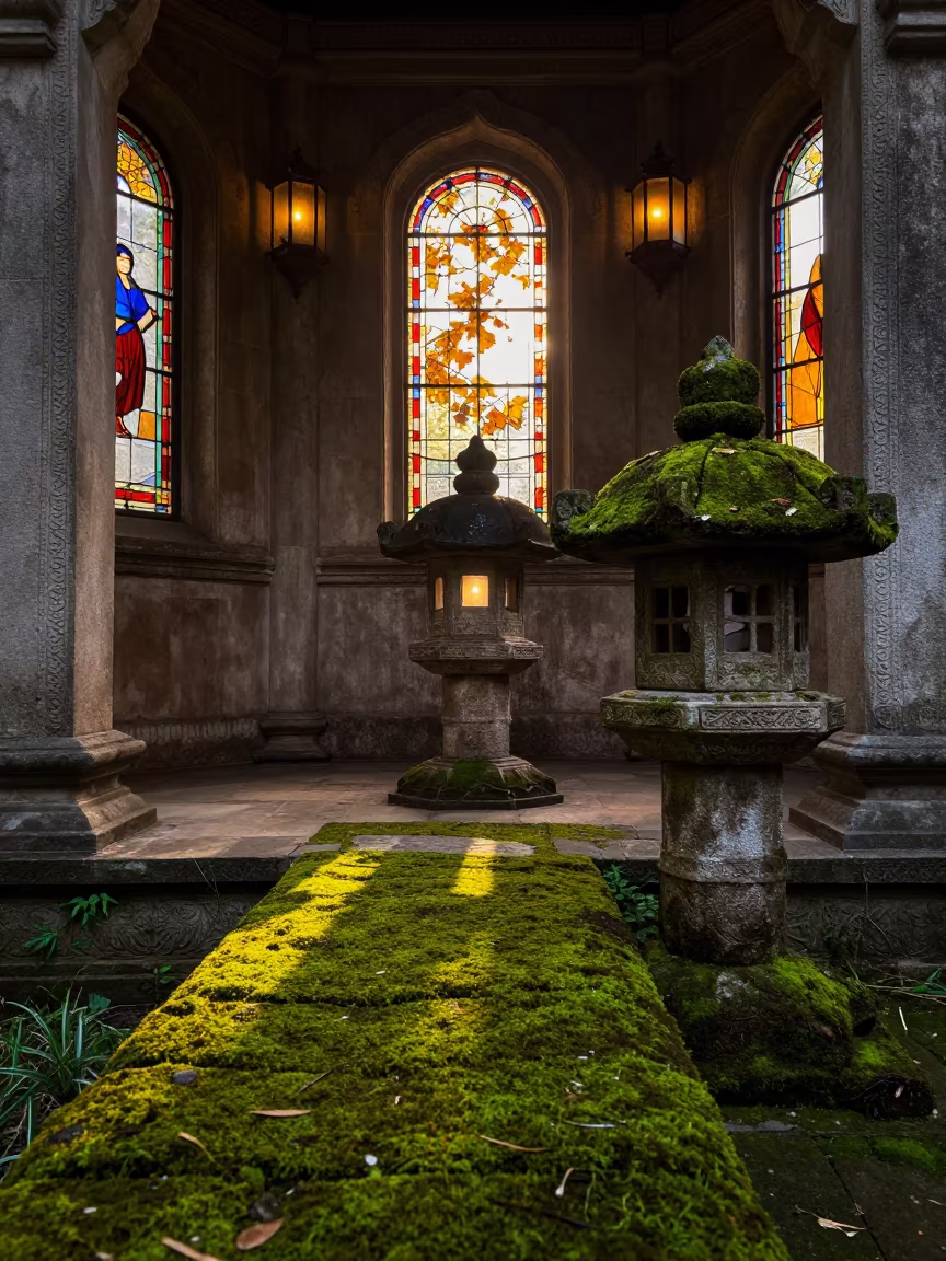 Stone Lantern Moss Path Temple Garden Dawn in in a chapel lit by stained glass in Vidisha