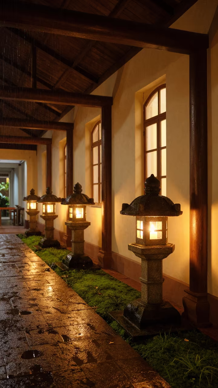 Stone Lantern Moss Path Temple Nave in inside a candlelit nave in Mbuji-Mayi