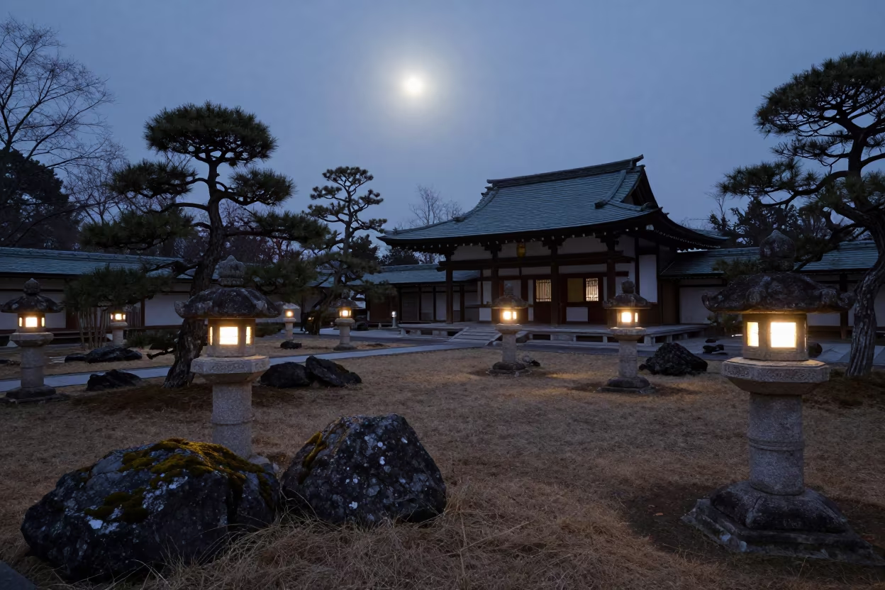 Stone Lanterns Glow in Prayer Hall Night Garden in in a prayer hall in Kramatorsk