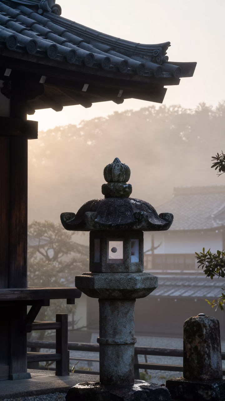 Stone Lanterns in Kyoto at First Light Of Dawn in in Kyoto, Japan