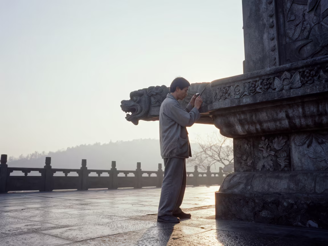 Stone Mason Carving Cathedral Gargoyle Dawn in near Hangzhou