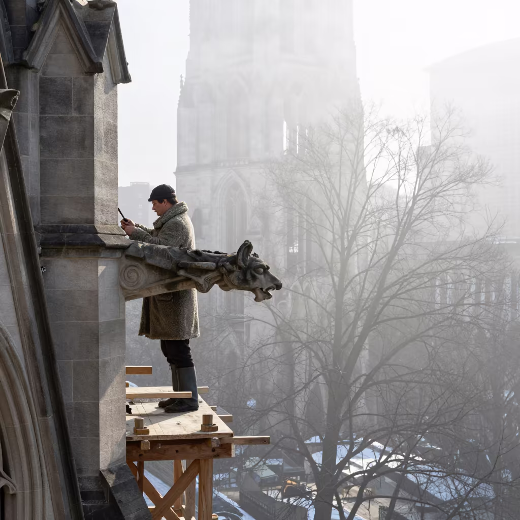 Stone Mason Carving Gargoyle in Chicago Winter Mist in in Chicago