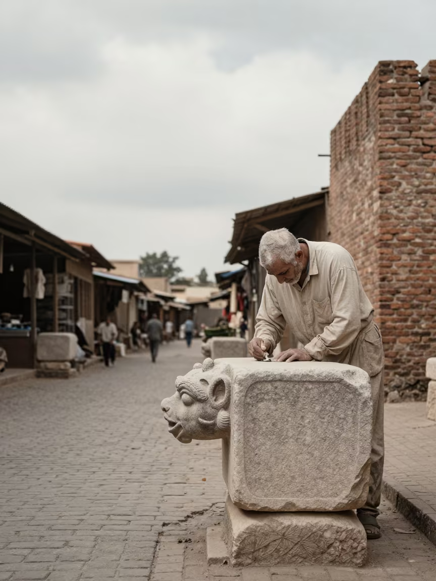 Stone Mason Carving Gargoyle in Hisar Market Lane in along a market lane in Hisar