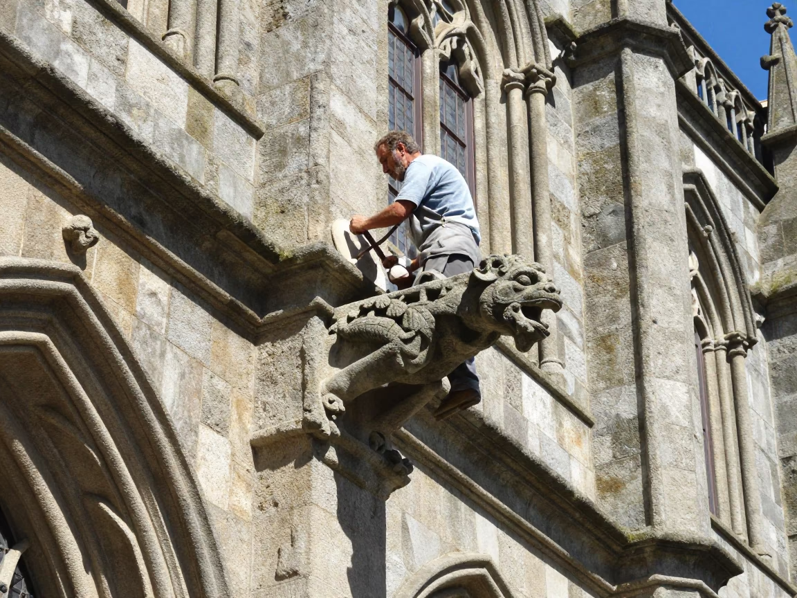 Stone Mason Carving Gargoyle on Porto Cathedral Facade Under Flat Noon Light in in Porto, Portugal