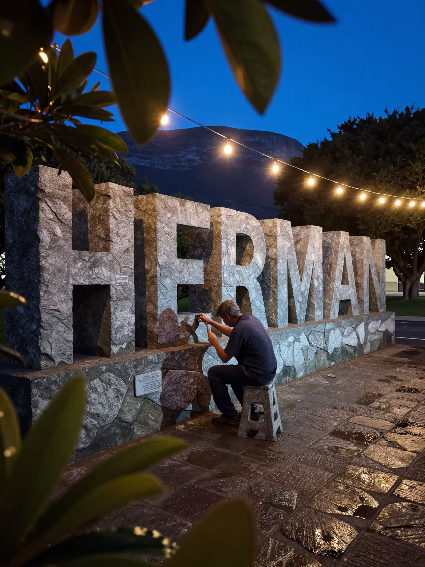Stone Mason Carving Letters in Evening Glow in in Hermanus