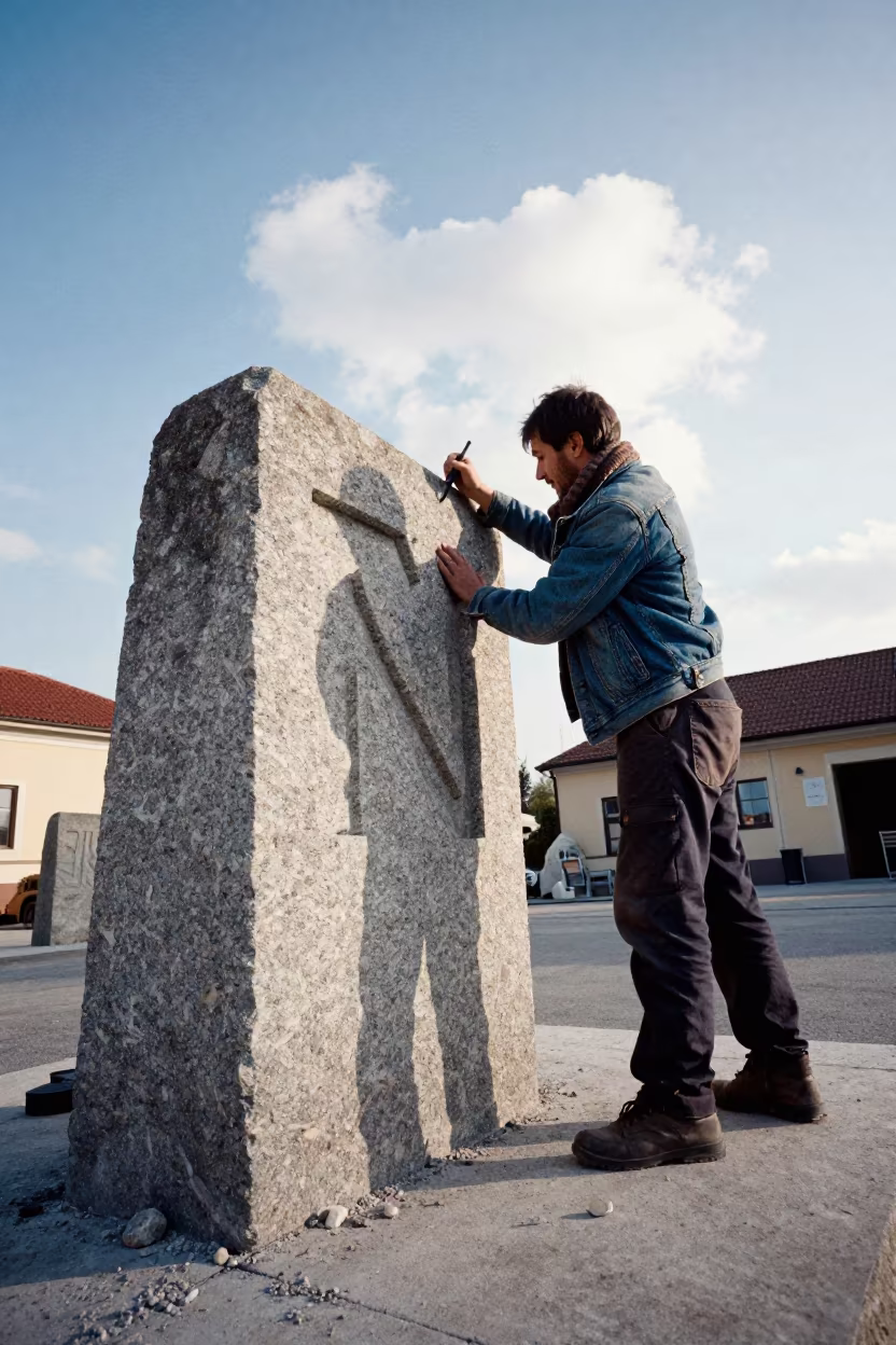 Stone Mason Carving Letters Katowice Late Afternoon in in Katowice