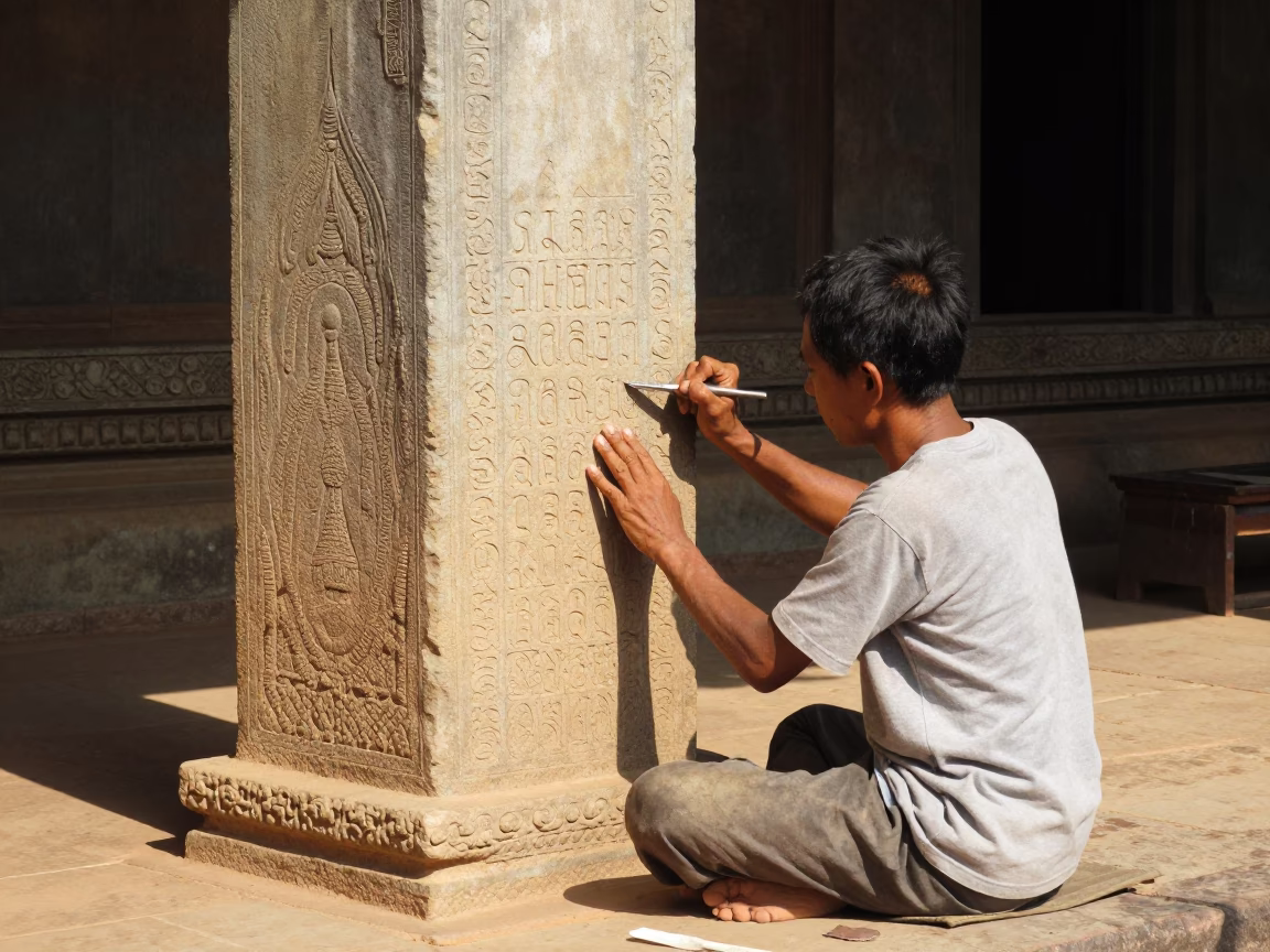 Stone mason carving letters on ancient temple wall in Luang Prabang Laos midmorning in in Luang Prabang, Laos