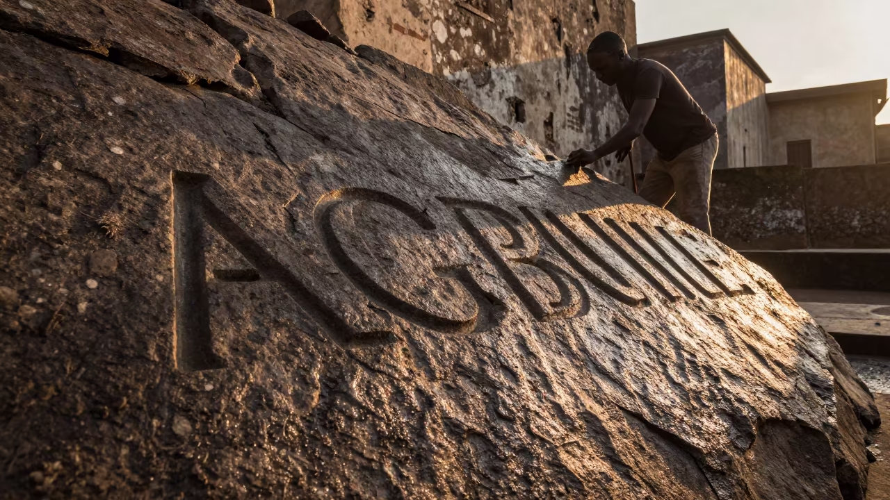 Stone Mason Carving Letters at Sunset in in the old quarter in Agboville