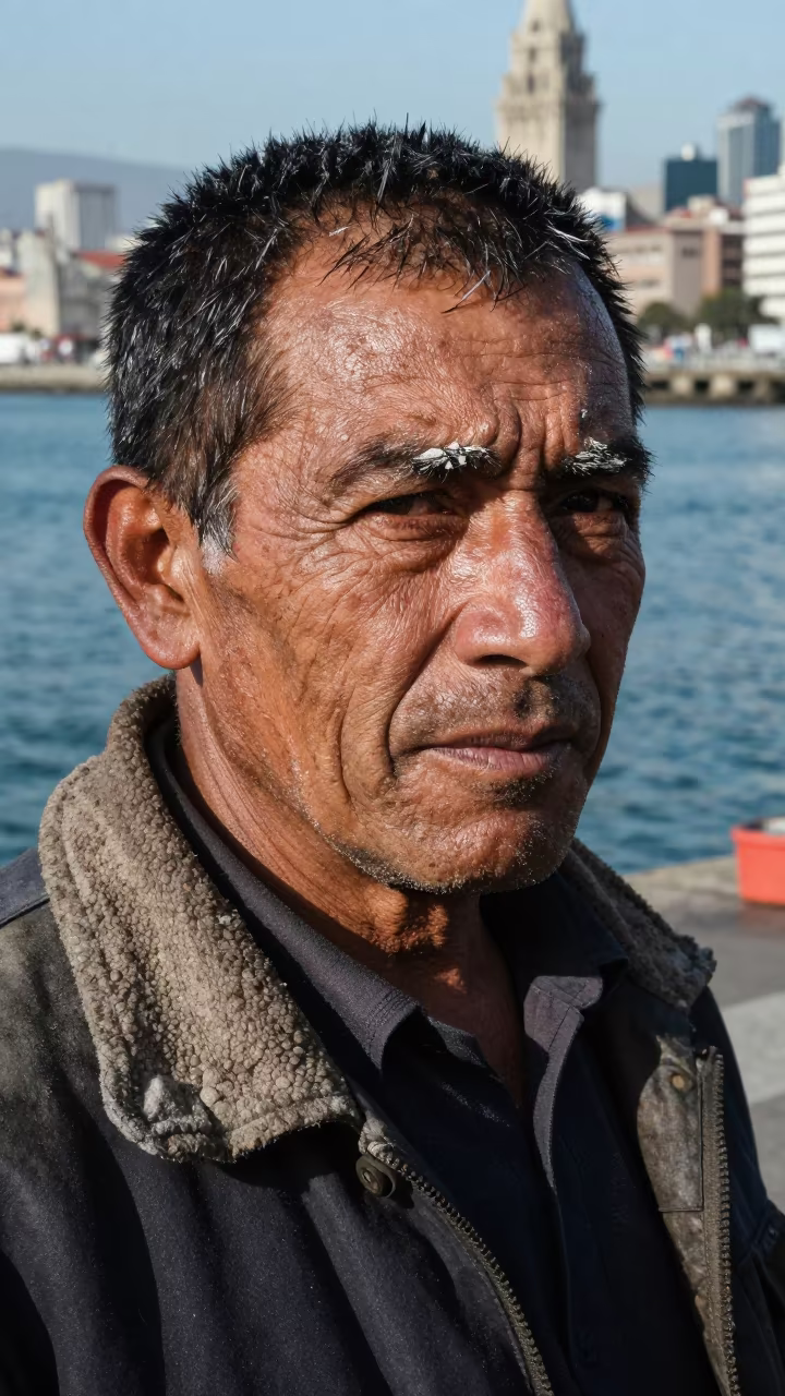 Stone Mason Portrait with Chisel Dust in Santiago in at a harbor edge in Santiago