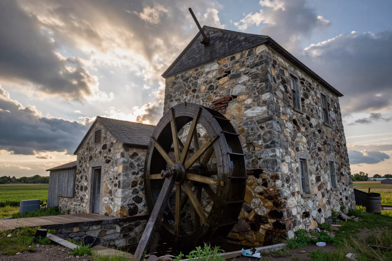 Stone Mill Waterwheel Half Submerged Dawn Light in inside a tea-processing hall in South Dakota