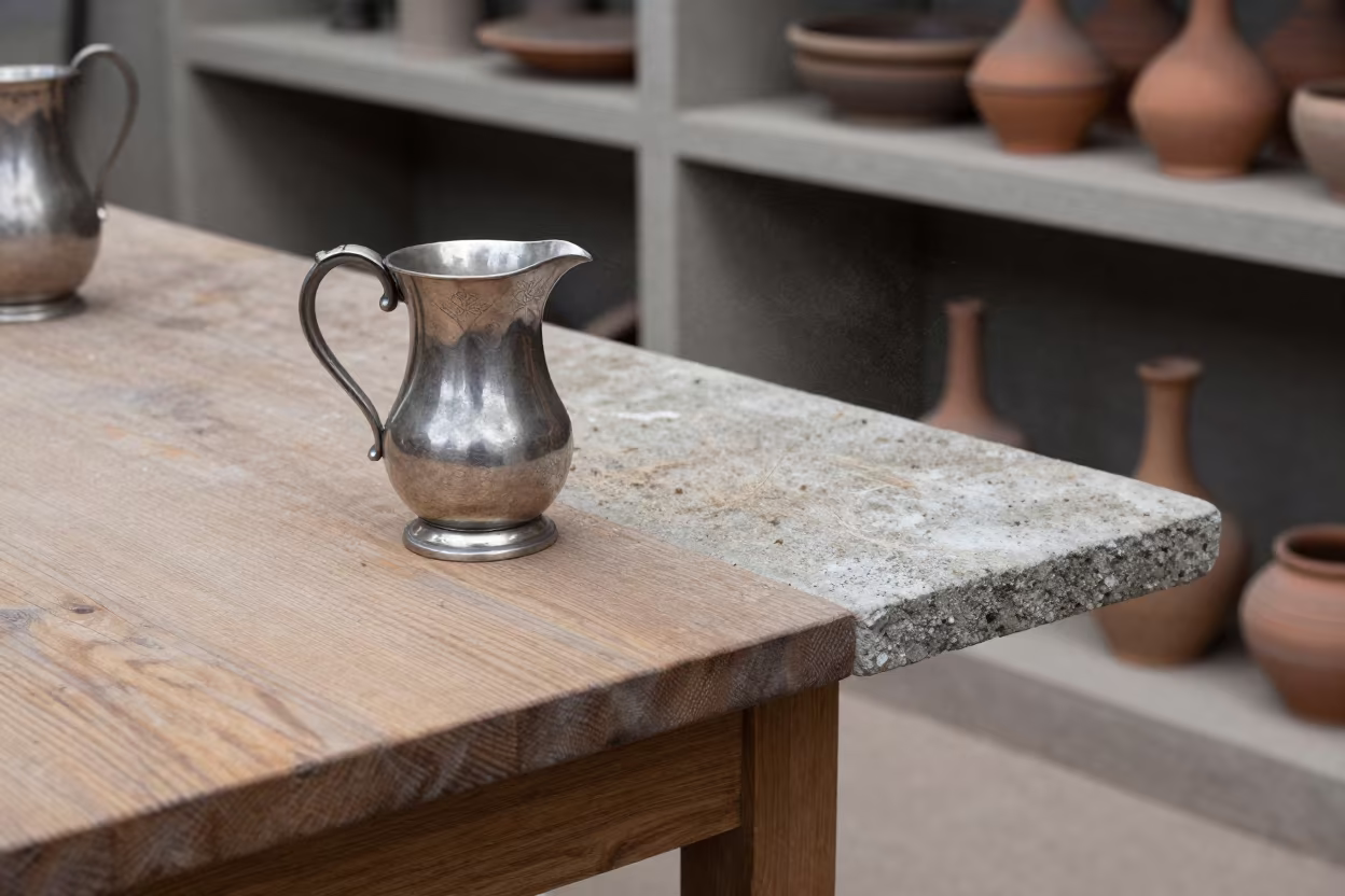 Stone and Oak Tankard on Workshop Shelf in on a workshop shelf in Keur Massar Sud