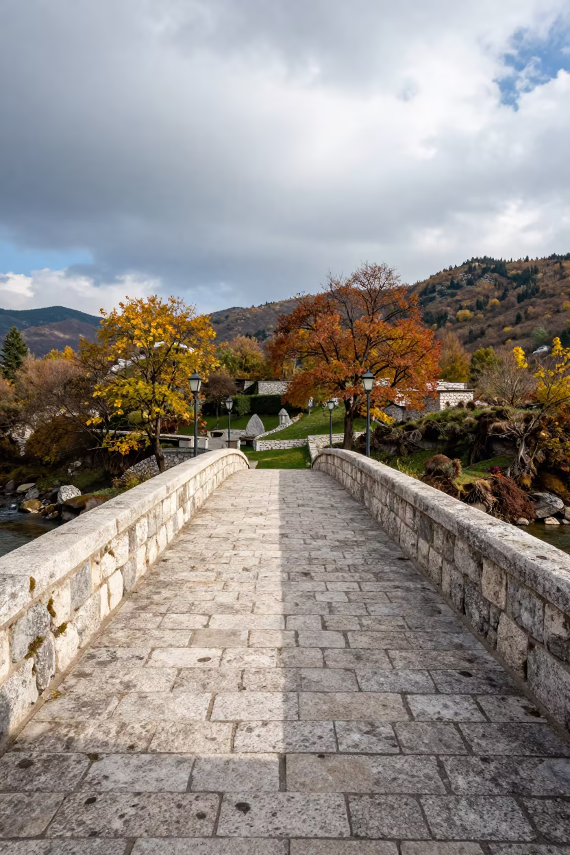 Stone Packhorse Bridge in Bosnian Temple Precinct in in a lantern-lined temple precinct in Bosnia and Herzegovina