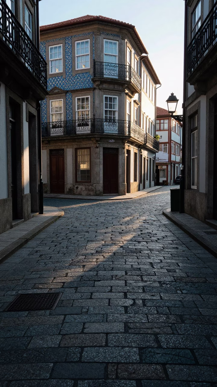 Stone Pavement at As First Light Reaches The Scene in Porto in in Porto, Portugal