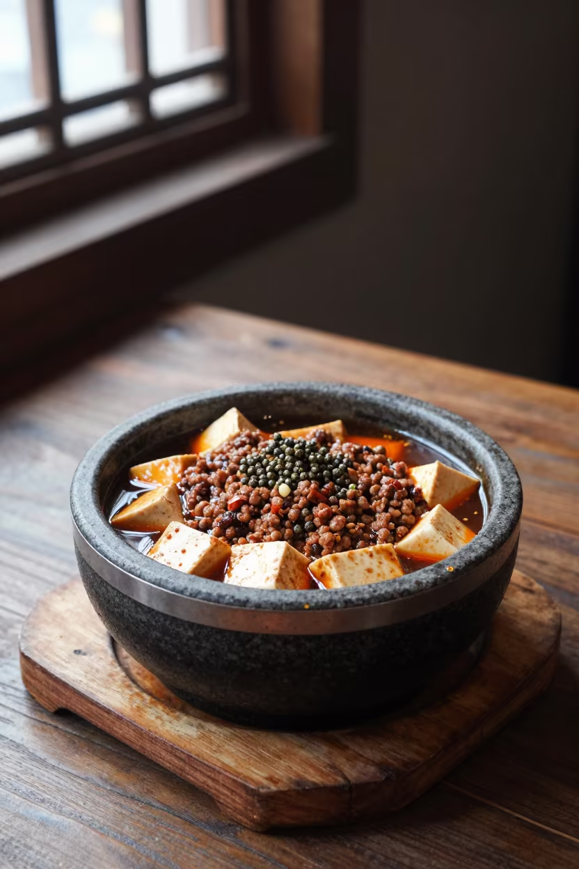 Stone Pot Mapo Tofu Hanoi Window Light in on a rustic wooden table in West Lake, Hanoi