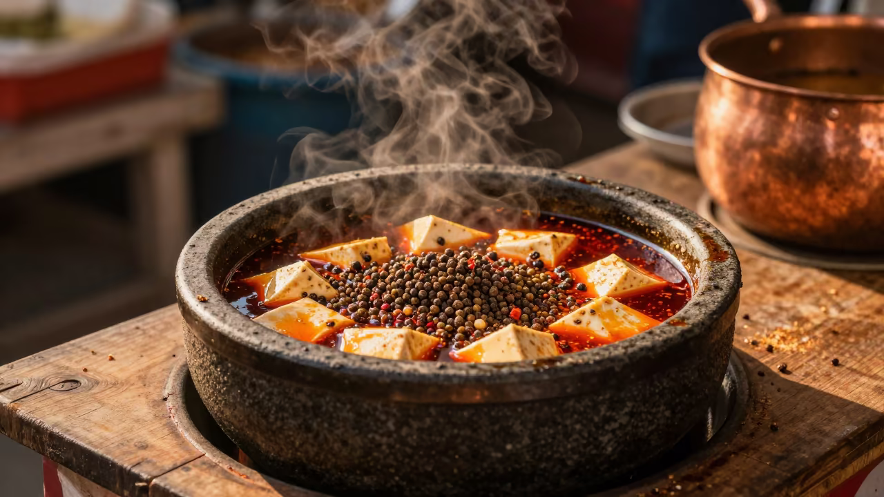 Stone Pot Mapo Tofu Market Stall Kanpur in at a market stall counter in Kanpur