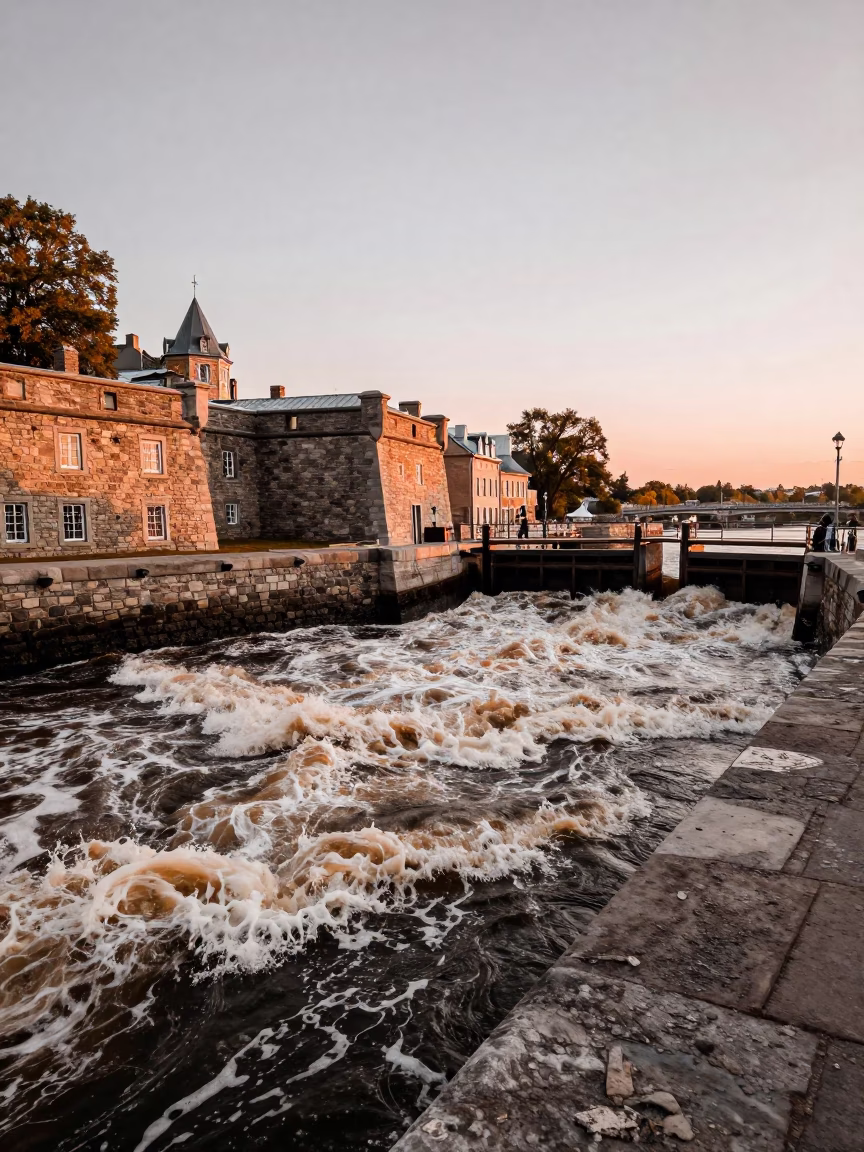Stone Quays And River Foam in Quebec City in in Quebec City, Quebec, Canada