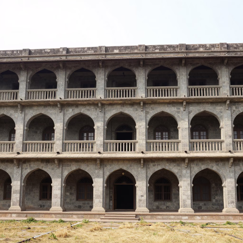 Stone Railway Hotel Facade Madhya Pradesh Winter in along a colonnaded facade in Madhya Pradesh