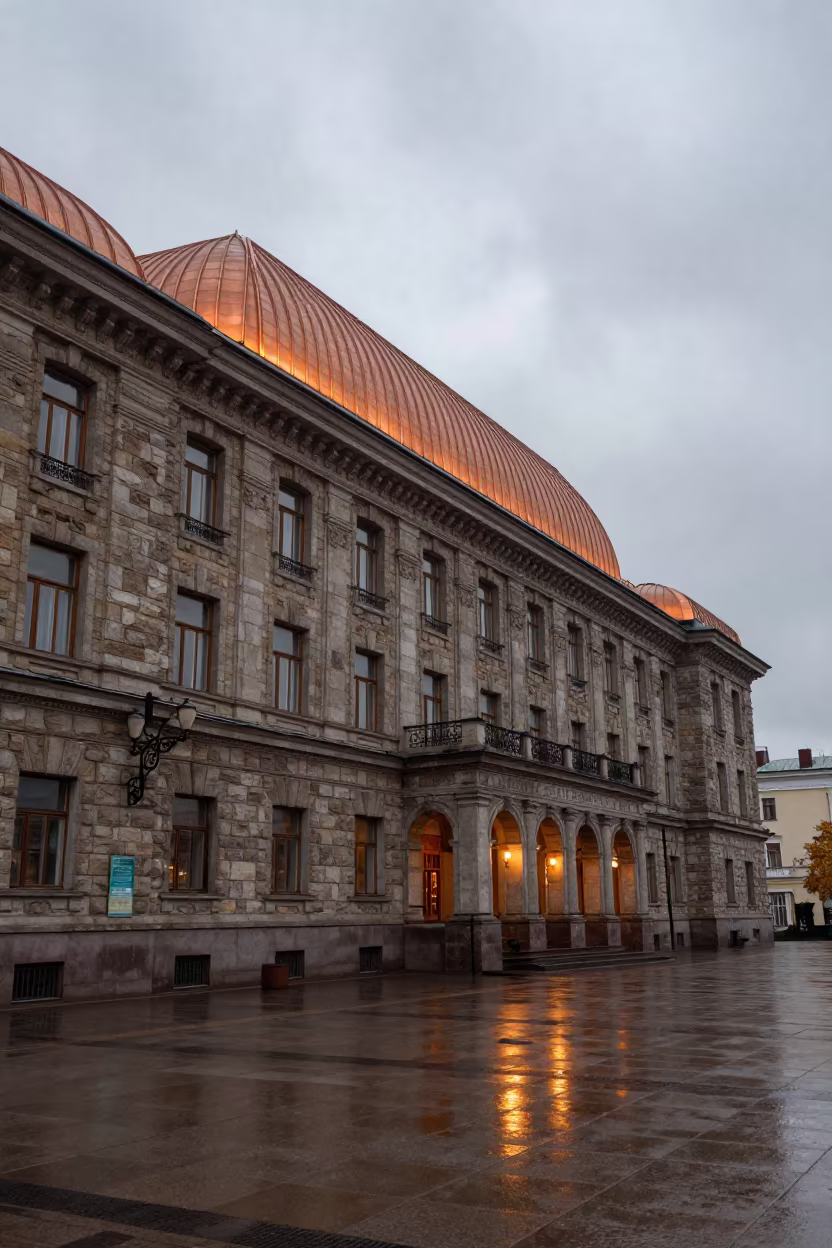 Stone Railway Hotel Tolyatti Before Dusk in across a formal civic plaza in Tolyatti