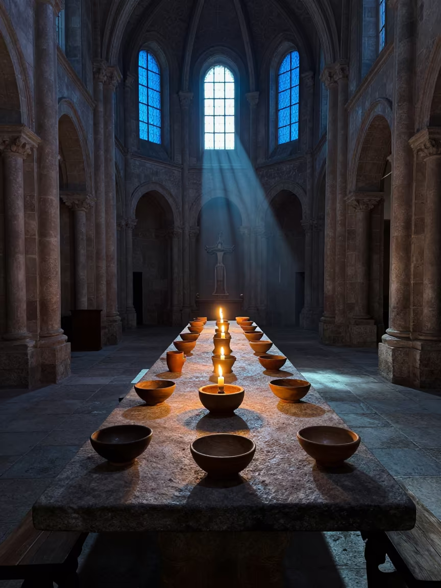 Stone Refectory Table in Santo Domingo Abbey Twilight in inside a candlelit abbey nave in Santo Domingo