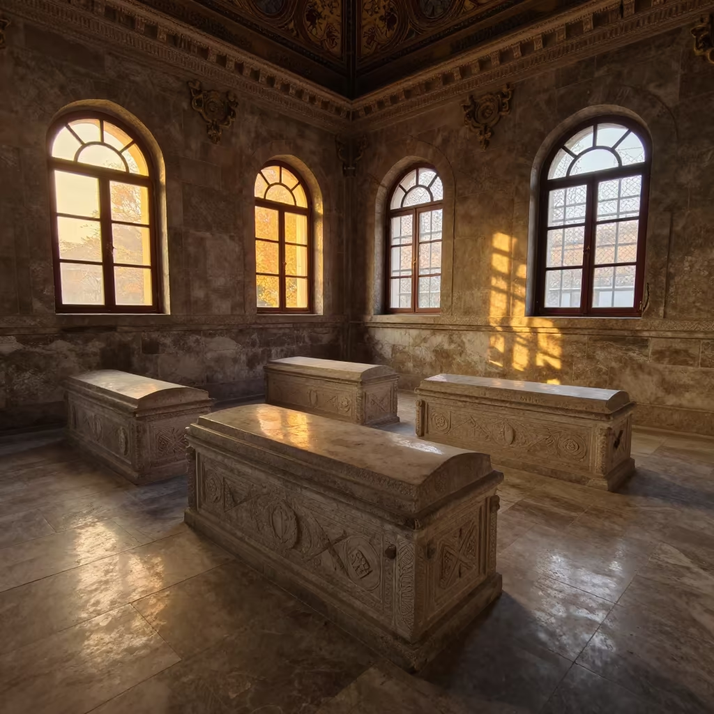 Stone Sarcophagi in Beijing Mosque Golden Hour Light in in a mosque prayer hall in Beijing