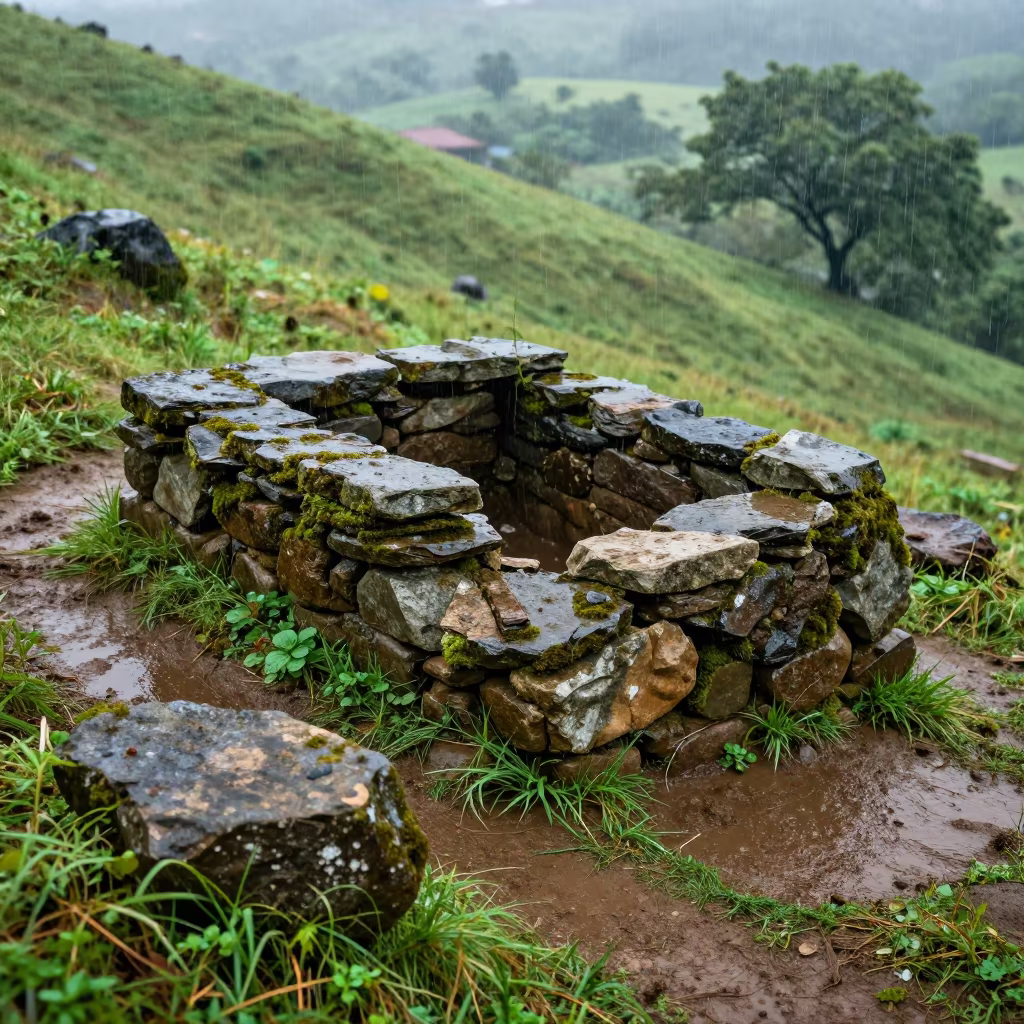 Stone Sheep Pen on Monsoon Highland Trail in along a game trail near Vizianagaram