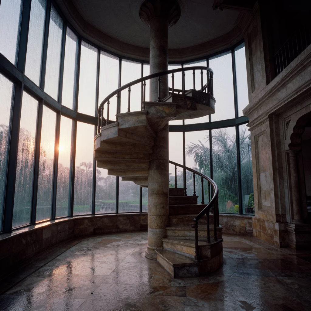 Stone Spiral Staircase Dawn Light Nagpur in inside a skylit passageway near Nagpur
