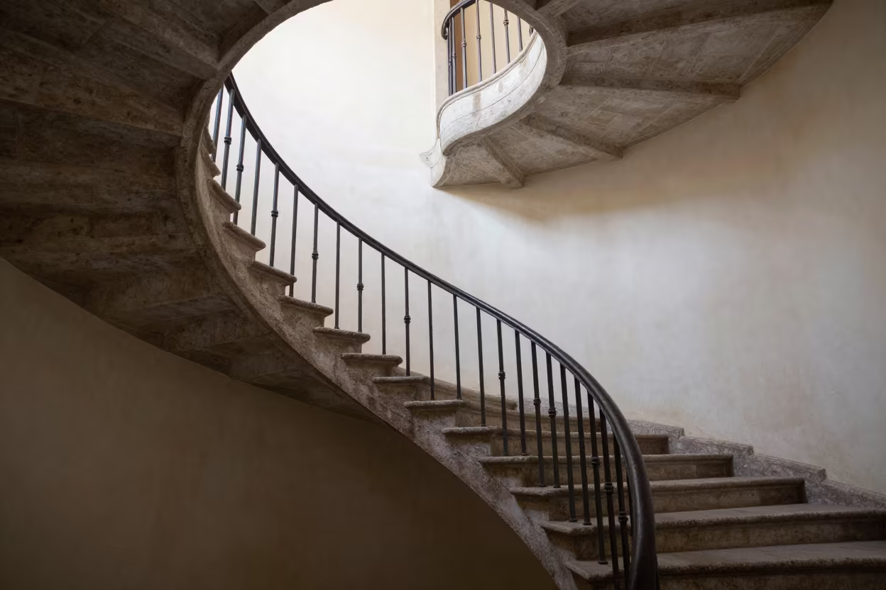 Stone Spiral Staircase in Restored Train Terminal in inside a restored train terminal in Pinar del Río