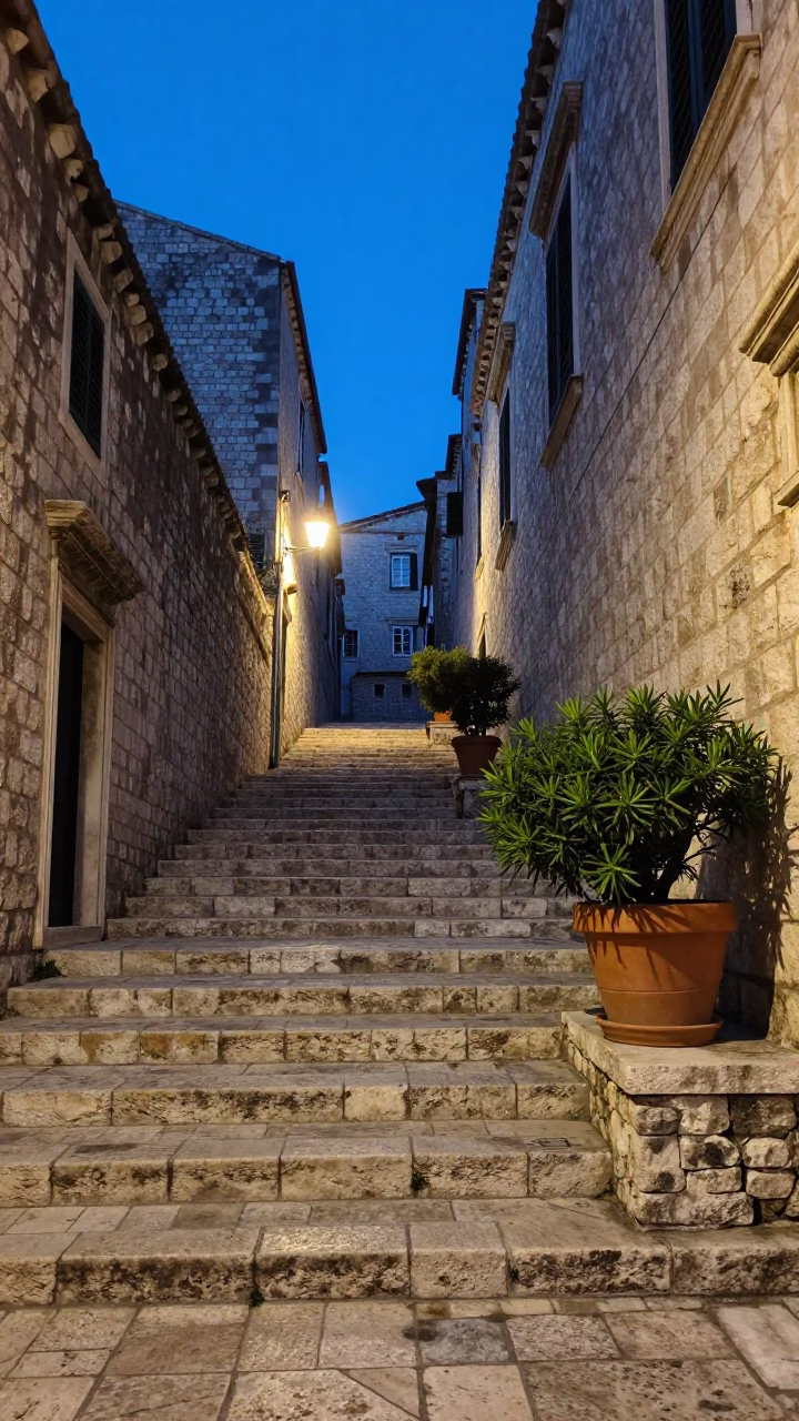 Stone Steps in Dubrovnik at Indigo Twilight After Sunset in in Dubrovnik, Croatia