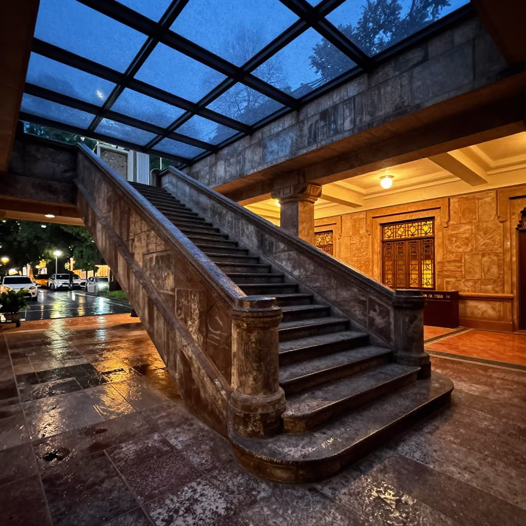 Stone Steps Twilight in Hyderabad Palazzo in inside a skylit passageway in Hyderabad